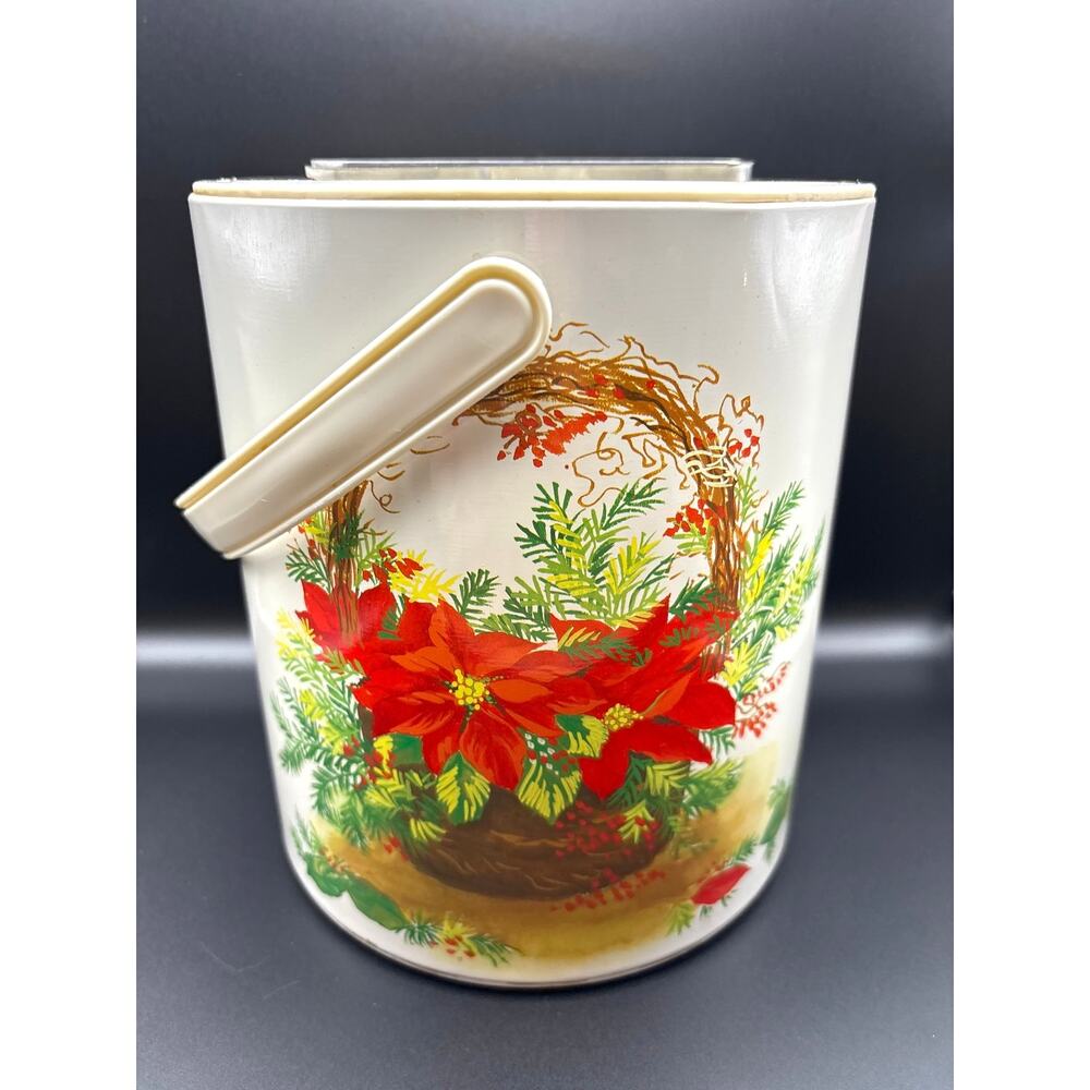 Vintage 1980s Insulated Holiday Ice Bucket Poinsettia Design Holiday Decor